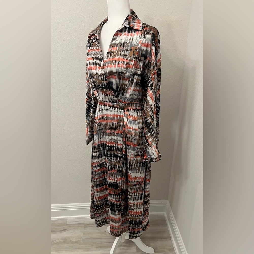 See U Soon Women's A-Line Faux Wrap Midi Dress w/Long Sleeves in Gray & Coral S - Picture 2 of 10